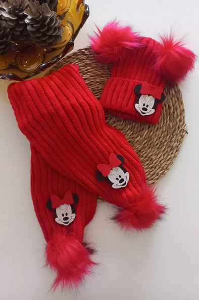 MARS BABY Kız Erkek Unisex Bebek Çocuk Kırmızı Mickey Minnie Mouse Figürlü Ponponlu Atkı Bere Takımı ürün görseli 1