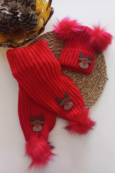 MARS BABY Kız Erkek Unisex Bebek Çocuk Kırmızı Geyik Figürlü Ponponlu Atkı Bere Takımı ürün görseli 1