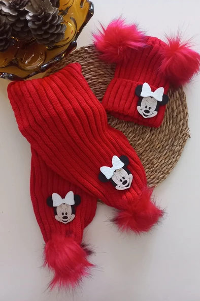 MARS BABY Kız Erkek Unisex Bebek Çocuk Beyaz Mickey Minnie Kırmızı Ponponlu Atkı Bere Takımı ürün görseli 1