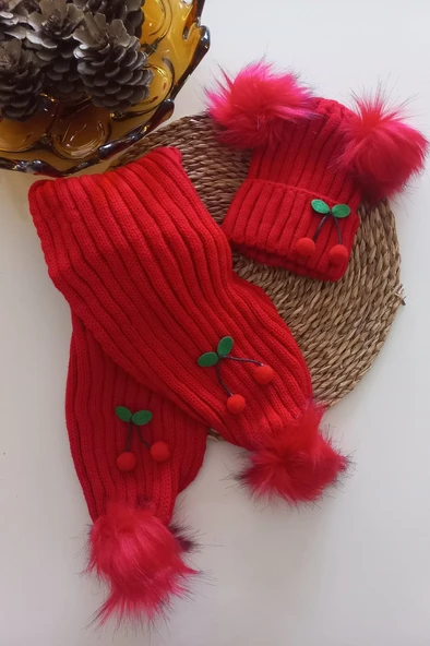 MARS BABY Kız Erkek Unisex Bebek Çocuk Kırmızı Ponpon Kiraz Figürlü Ponponlu Atkı Bere Takımı ürün görseli 1
