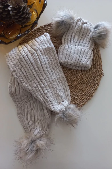 MARS BABY Kız Erkek Unisex Bebek Çocuk Bej Ponponlu Atkı Bere Takımı ürün görseli 1