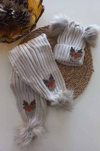 MARS BABY Kız Erkek Unisex Bebek Çocuk Bej Geyik Figürlü Ponponlu Atkı Bere Takımı ürün görseli 1