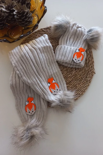 MARS BABY Kız Erkek Unisex Bebek Çocuk Bej Turuncu Çakıl Figürlü Ponponlu Atkı Bere Takımı ürün görseli 1