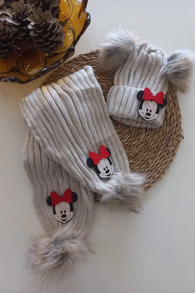 MARS BABY Kız Erkek Unisex Bebek Çocuk Bej Kırmızı Mickey Minnie Ponponlu Atkı Bere Takımı ürün görseli 1