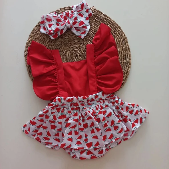 MARS BABY Kız Bebek Kırmızı Karpuz Desenli Fırfırlı Salopet Bandana Takım ürün görseli 1