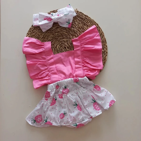 MARS BABY Kız Bebek Pembe Ananas Desenli Fırfırlı Salopet Bandana Takım ürün görseli 1