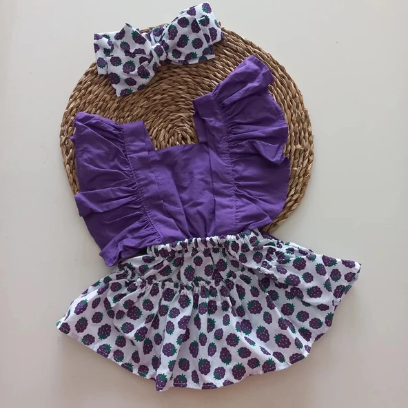MARS BABY Kız Bebek Mor Lila Böğürtlen Desenli Fırfırlı Salopet Bandana Takım ürün görseli 1