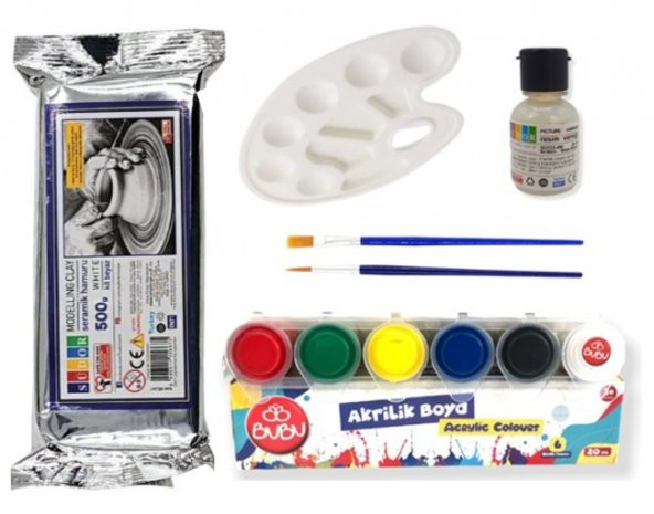 glanart beyaz kil hamuru akrlik boya seti vernik+ ipek fırçalı 500 gr. ürün görseli 1