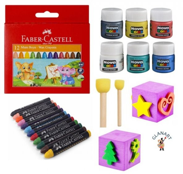 faber castel çocuklara eğlence seti mum boya parmak boya ponpon fırça ve baskı küpleri ürün görseli 1