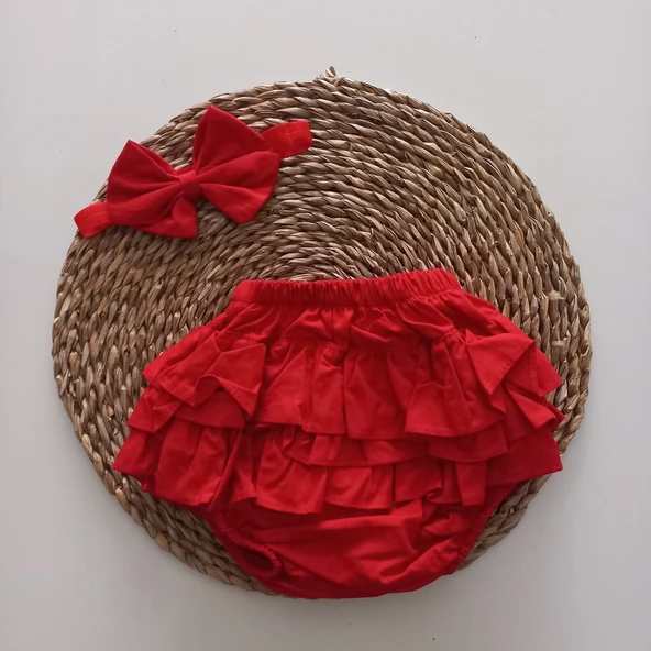 MARS BABY Kız Bebek Kırmızı Fırfır Şort Etek ve Bandana Takımı ürün görseli 1