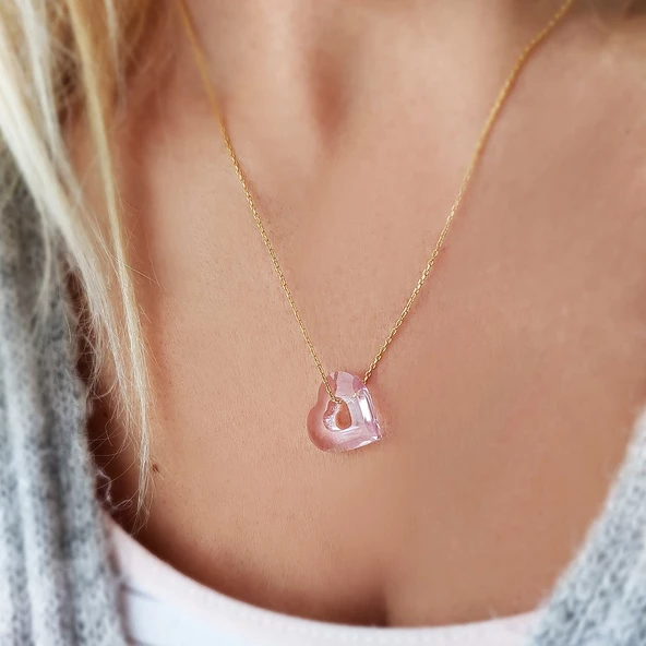 Pembe Swarovski Taşlı Kalp Gümüş Kolye ürün görseli 1