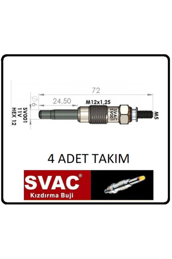 Kızdırma Buji 11v Duster 1.6d Ducato Fiorino Niva Sv001 4 Ad.takım Oem No: 46072001 ürün görseli 1