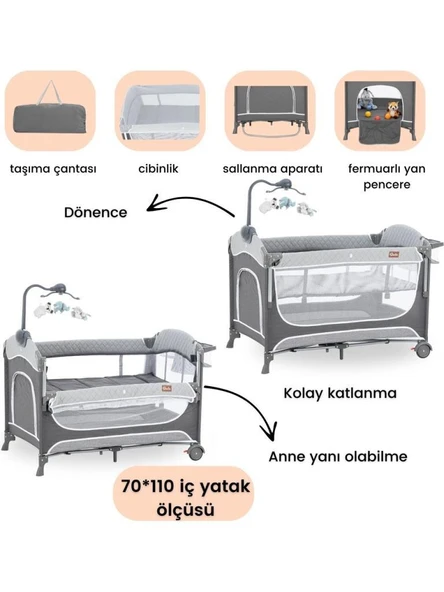 Gulz Atlas Plus Anne Yanı Sallanır Cibinlikli Dönenceli Oyun Parkı Bebek Beşik 70X110 cm ürün görseli 1