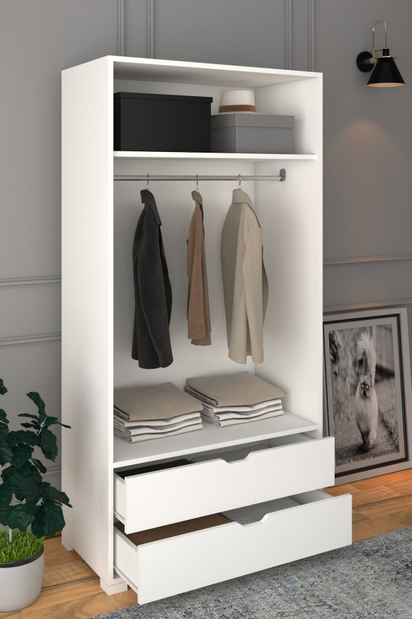 Midoser 90 Cm Mat Beyaz 2 Kapılı 2 Çekmeceli Elbise Dolabı - Gardırop ürün görseli 1