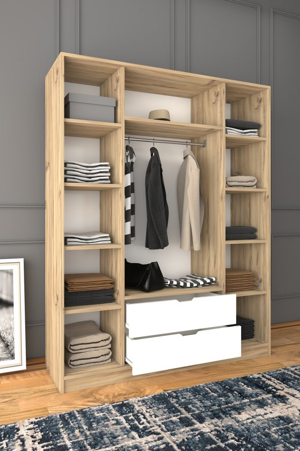Midoser Nisan Açık Ceviz-beyaz 140 Cm 4 Kapılı 2 Çekmeceli Elbise Dolabı - Gardırop ürün görseli 1