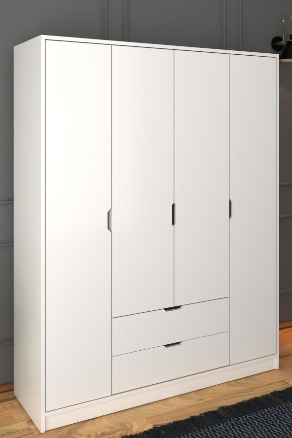 Midoser 140 Cm Mat Beyaz 4 Kapılı 2 Çekmeceli Elbise Dolabı - Gardırop ürün görseli 1