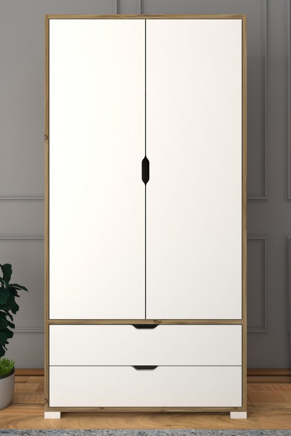 Midoser 90 Cm Açık Ceviz-beyaz 2 Kapılı 2 Çekmeceli Elbise Dolabı - Gardırop ürün görseli 1