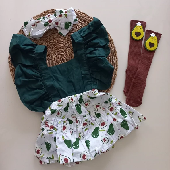 MARS BABY Kız Bebek Yeşil Avakado Desenli Salopet Bandana ve Kahverengi Figürlü Çorap Set ürün görseli 1