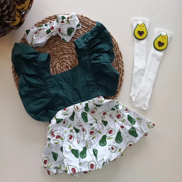 MARS BABY Kız Bebek Yeşil Avakado Desenli Salopet Bandana ve Kremrengi Figürlü Çorap Set ürün görseli 1