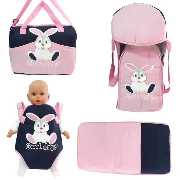 Tavşan Pembe 4 lü Bebek Taşıma Kanguru Portbebe Çanta Alt açma Seti ürün görseli 1
