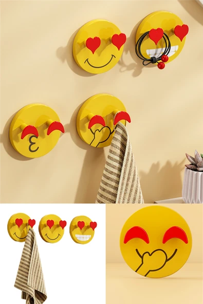 Kendinden Yapışkanlı Kalp Emojili Askı Pratik Elbise Mutfak Askısı Sevimli 2 Kancalı Kalpli Emoji ürün görseli 1