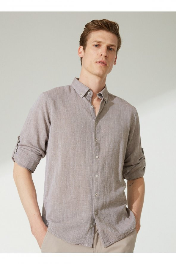 Slim Fit Düğmeli Yaka Düz Açık Kahve Erkek Gömlek Gm1008400238 ürün görseli 1