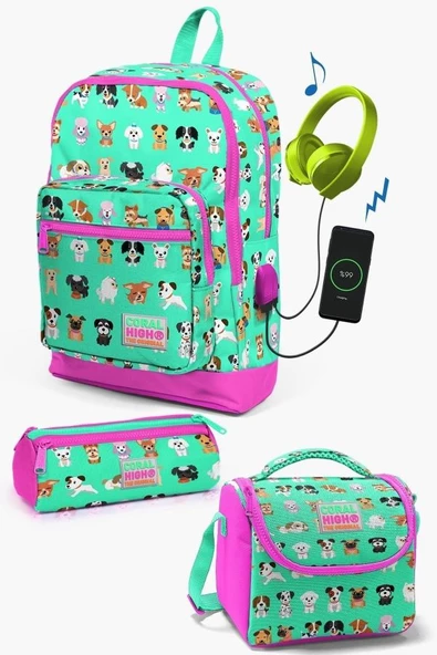 Coral High Kids Su Yeşili Neon Pembe Köpek Desenli USB'li 3'lü Okul Çanta Seti - Kız Çocuk ürün görseli 1