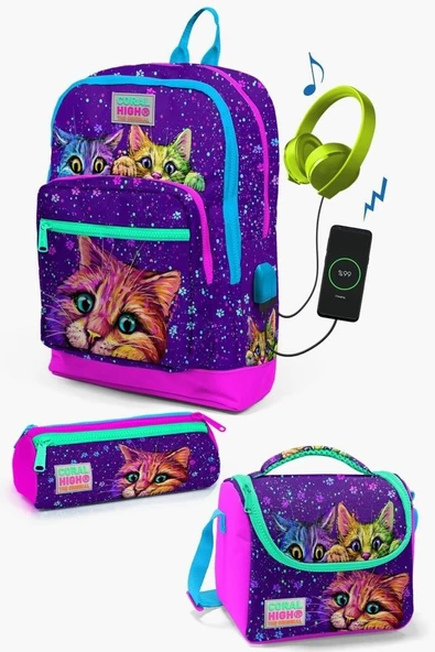 Coral High Kids Mor Pembe Kedi Desenli USB'li 3'lü Okul Çanta Seti - Kız Çocuk İlkokul Çanta Takımı ürün görseli 1