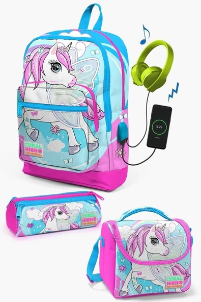Coral High Kids Mavi Neon Pembe Unicorn Desenli USB'li 3'lü Okul Çanta Seti - Kız Çocuk ürün görseli 1