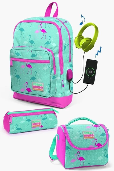 Coral High Kids Su Yeşili Neon Pembe Flamingo Desenli USB'li 3'lü Okul Çanta Seti - Kız Çocuk ürün görseli 1