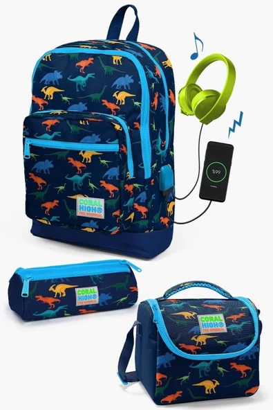 Coral High Kids Lacivert Dinazor Desenli USB'li 3'lü Okul Çanta Seti - Erkek Çocuk ürün görseli 1