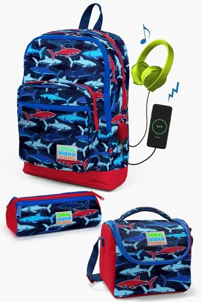 Coral High Kids Lacivert Kırmızı Köpek Balığı Desenli USB'li 3'lü Okul Çanta Seti - Erkek Çocuk ürün görseli 1