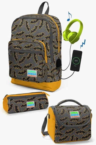 Coral High Kids Koyu Gri Hardal Yarasa Desenli USB'li 3'lü Okul Çanta Seti - Erkek Çocuk ürün görseli 1