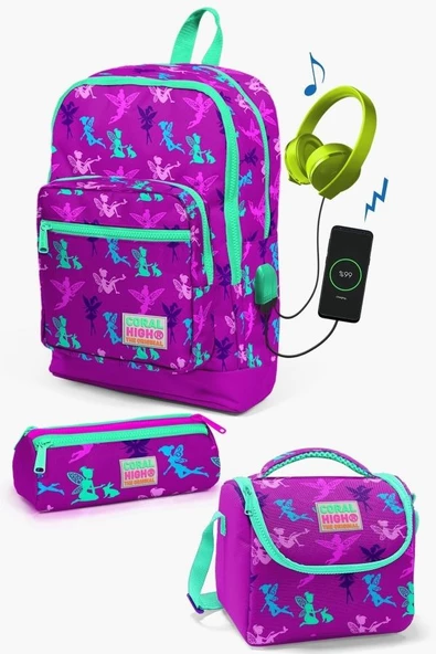 Coral High Kids Koyu Pembe Su Yeşili Peri Desenli USB'li 3'lü Okul Çanta Seti - Kız Çocuk ürün görseli 1