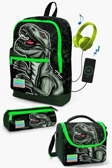 Coral High Kids Koyu Yeşil Siyah Dinazor Desenli USB'li 3'lü Okul Çanta Seti - Erkek Çocuk ürün görseli 1