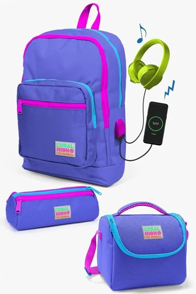 Coral High Kids Lavanta USB'li 3'lü Okul Çanta Seti - Kız Çocuk İlkokul Çanta Takımı ürün görseli 1