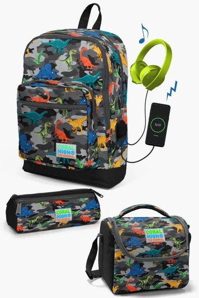 Coral High Kids Koyu Gri Siyah Kamuflaj Dinozor Desenli USB'li 3'lü Okul Çanta Seti - Erkek Çocuk ürün görseli 1