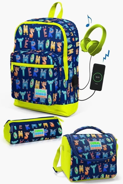 Coral High Kids Lacivert Neon Sarı Monster Desenli USB'li 3'lü Okul Çanta Seti - Erkek Çocuk ürün görseli 1