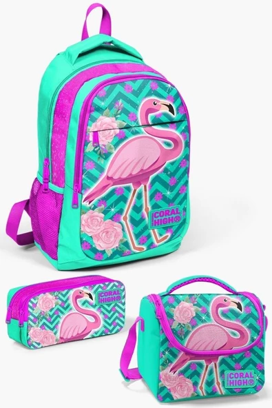 Coral High Kids Su Yeşili Pembe Simli Flamingo Desenli 3'lü Okul Çanta Seti - Kız Çocuk İlkokul ürün görseli 1