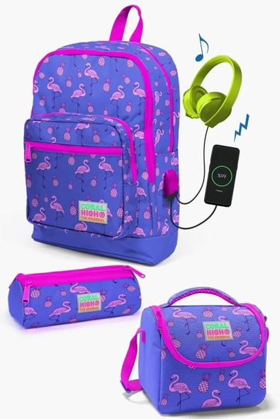 Coral High Kids Lavanta Pembe Flamingo Desenli USB'li 3'lü Okul Çanta Seti - Kız Çocuk ürün görseli 1