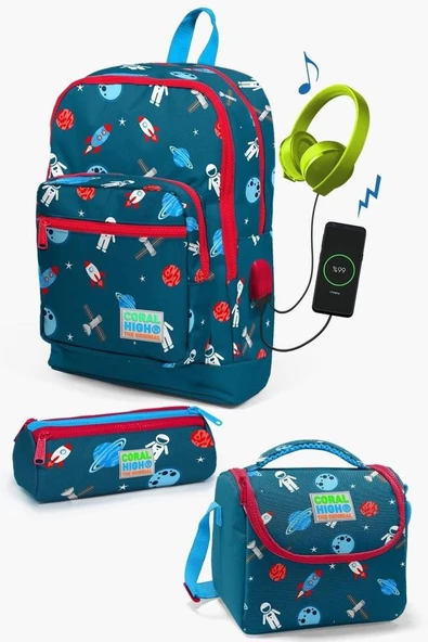 Coral High Kids Çivit Kırmızı Uzay Desenli USB'li 3'lü Okul Çanta Seti - Erkek Çocuk ürün görseli 1