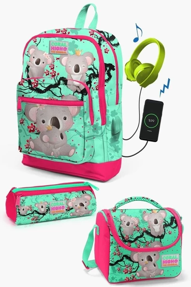 Coral High Kids Su Yeşili Neon Mercan Koala Desenli USB'li 3'lü Okul Çanta Seti - Kız Çocuk ürün görseli 1