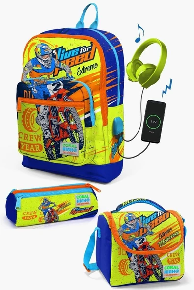 Coral High Kids Fosforlu Sarı Saks Motorsiklet Desenli USB'li 3'lü Okul Çanta Seti - Erkek Çocuk ürün görseli 1