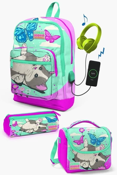 Coral High Kids Su Yeşili Pembe Kedi Desenli USB'li 3'lü Okul Çanta Seti - Kız Çocuk ürün görseli 1