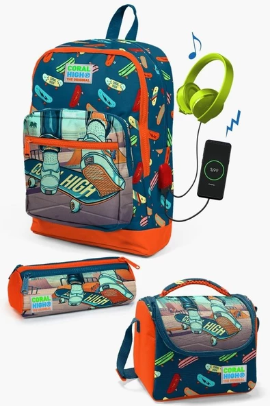 Coral High Kids Civit Neon Turuncu Kaykay Desenli USB Girişli 3'lü Okul Çanta Seti - Erkek Çocuk ürün görseli 1