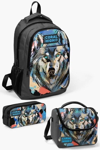 Coral High Kids Gri Siyah Kurt Desenli 3'lü Okul Çanta Seti - Erkek Çocuk ürün görseli 1