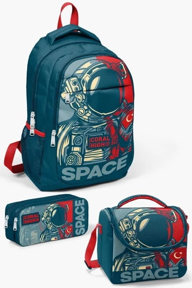 Coral High Kids Çivit Kırmızı Astronot Desenli 3'lü Okul Çanta Seti - Erkek Çocuk İlkokul Çanta Takımı ürün görseli 1