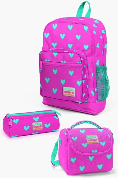 Coral High Kids Neon Pembe Su Yeşili Kalp Desenli 3'lü Okul Çanta Seti - Kız Çocuk ürün görseli 1
