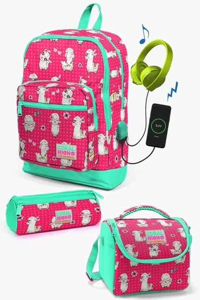 Coral High Kids Neon Mercan Su Yeşili Alpaka Desenli USB'li 3'lü Okul Çanta Seti - Kız Çocuk ürün görseli 1