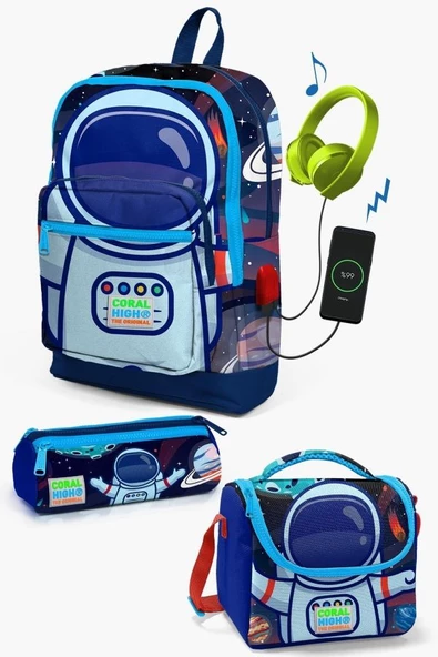 Coral High Kids Saks Mavi Astronot Desenli USB'li 3'lü Okul Çanta Seti - Erkek Çocuk ürün görseli 1